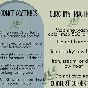 May include: An informational graphic with a sage green background and a blue arch. Text lists product features for 100% ring-spun US cotton, 6.1 oz fabric, tubular knit, and double-needle stitching. Care instructions include machine wash cold, no bleach.