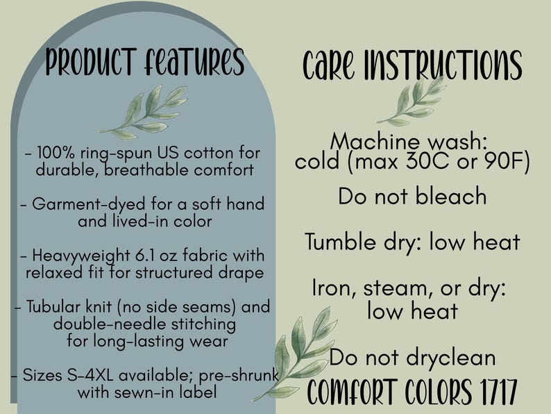 May include: An informational graphic with a sage green background and a blue arch. Text lists product features for 100% ring-spun US cotton, 6.1 oz fabric, tubular knit, and double-needle stitching. Care instructions include machine wash cold, no bleach.