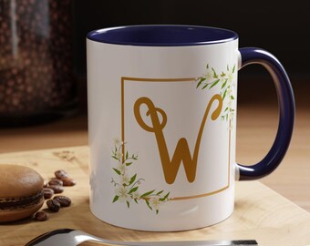 Personalized Monogram Mug with Gold Floral Frame | Custom Initial Accent Coffee Cup Elegant Letter | 11oz 15oz