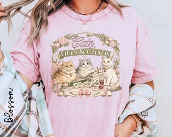 Comfort Colors Mahjong Cat Lover Tee | Cats, Tiles and Chaos Mahjong Cat Mom  | Cute Kitty Mahjong Shirt | Meowjong Game Night Tee