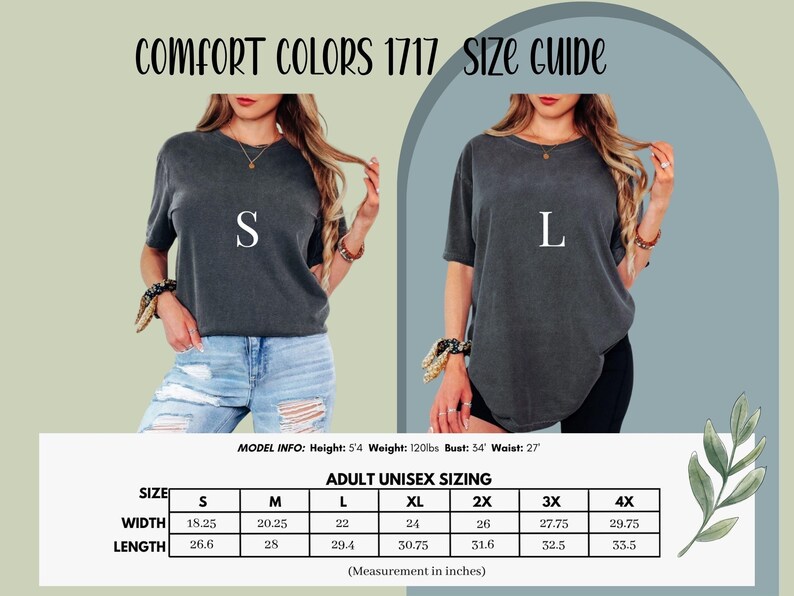 May include: A Comfort Colors 1717 size guide featuring two charcoal grey t-shirts labeled S and L. The graphic includes a sizing chart with width and length measurements in inches for sizes S through 4X, and model info stating height 5'4, weight 120lbs, bust 54, and waist 27.