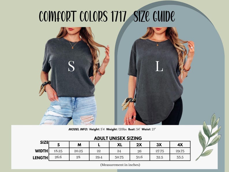 K&ouml;nnte beinhalten: Ein Comfort Colors 1717 Gr&ouml;&szlig;enguide mit zwei anthrazitfarbenen T-Shirts, beschriftet mit S und L. Die Grafik enth&auml;lt eine Gr&ouml;&szlig;entabelle mit Breiten- und L&auml;ngenma&szlig;en in Zoll f&uuml;r die Gr&ouml;&szlig;en S bis 4X sowie Modellinfos: Gr&ouml;&szlig;e 5'4, Gewicht 120lbs, Brust 54, Taille 27.