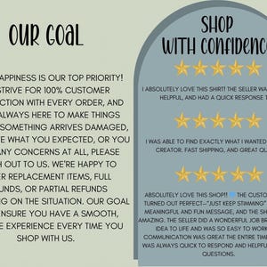 May include: A light green informational graphic featuring the text OUR GOAL and SHOP WITH CONFIDENCE. It includes a customer service policy statement and three five-star reviews with text praising the seller, quality, and communication.