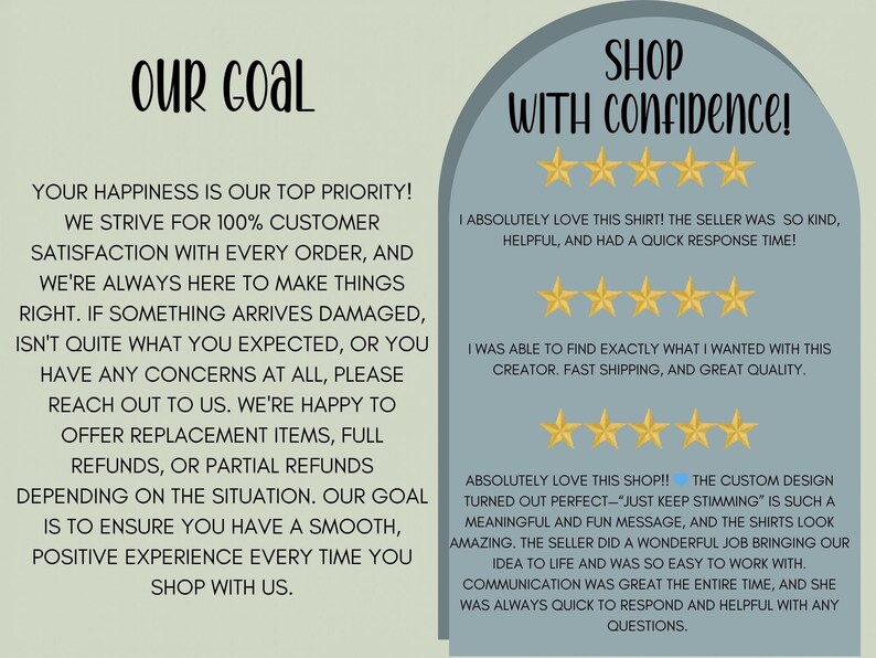 May include: A light green informational graphic featuring the text OUR GOAL and SHOP WITH CONFIDENCE. It includes a customer service policy statement and three five-star reviews with text praising the seller, quality, and communication.