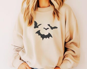 Embroidered Minimalist Bat Sweatshirt | Halloween Crewneck | Cute Bat Graphic Sweatshirt, Fall Aesthetic Pullover
