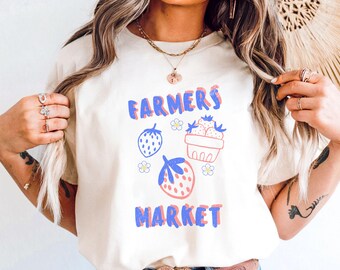 Farmers Market Strawberry Comfort Colors Tee | Vintage Red Blue Strawberry Cottagecore Summer Shirt | Fruit Graphic Tee or Sweatshirt