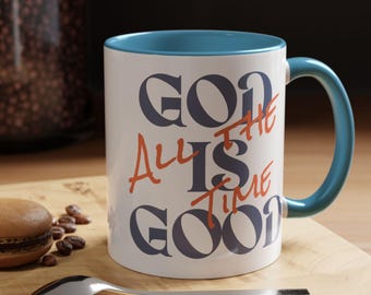 Taza con el mensaje "Dios es bueno" / Taza de café cristiana con el Salmo 107:1 / Taza con tipografía inspirada en la fe