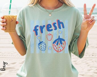 Fresh Strawberry Comfort Colors Tee | Vintage Red Blue Strawberry Cottagecore Summer Shirt | Fruit Graphic Tee or Sweatshirt