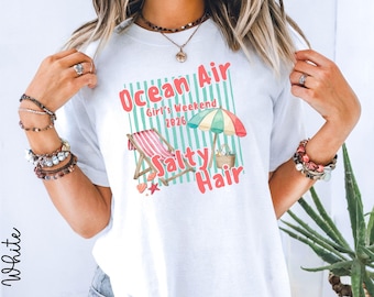 Personalized Beach Trip Shirt, Ocean Air Salty Hair Tee, Girls Weekend Shirt, Custom Beach Sweatshirt, Comfort Colors Coquette Stripe Tee