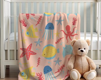 Ocean Adventure Minky Blanket: Coral Reef Throw, Nursery Decor, Beach House Throw