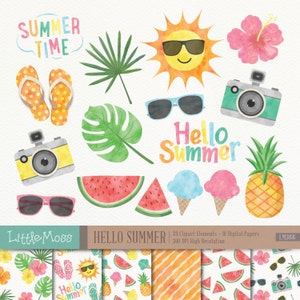 Clipart y papeles digitales de verano, Clipart de verano de acuarela, papeles de verano, Hola clipart de verano, Clipart tropical