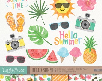 Summer Digital Clipart and Papers, Watercolor Summer Clipart, Summer Papers, Hello Summer Clipart, Tropical Clipart