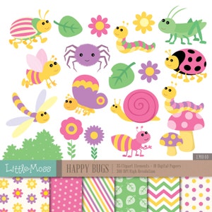 Happy Bugs Digital Clipart and Papers, Bug Clipart