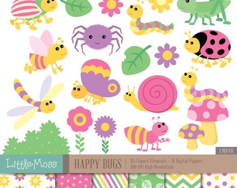 May include: A set of 35 colorful clipart images featuring various bugs, flowers, and leaves. The clipart is perfect for creating invitations, cards, and other craft projects. The set also includes 10 digital papers with different patterns.
