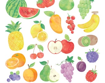 Früchte digitale Clipart, Aquarell Obst Clipart, Zitrone, Limette, Erdbeere, Ananas, Kirsche, Himbeere