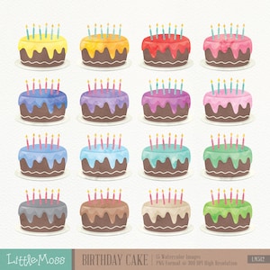 Watercolor Birthday Cake Clipart: 16 PNG Images (Digital Download)