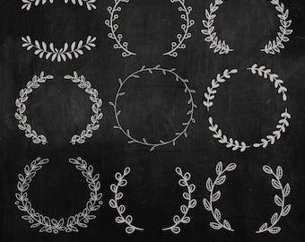 Hand Drawn Laurels Clipart: Chalk Wreaths, Leaves (Digital Download)