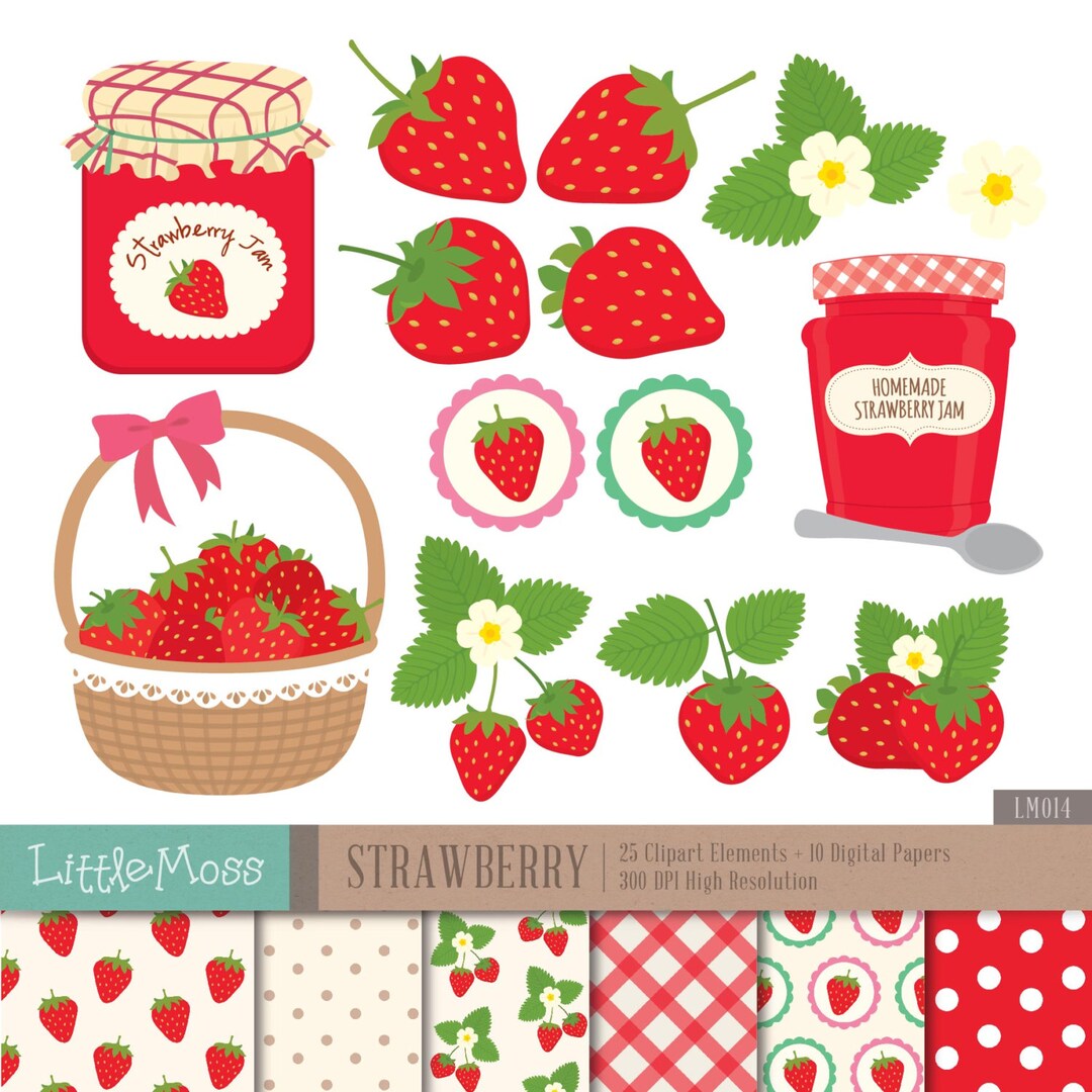 Strawberry Digital Clipart and Papers, Jam Clipart Etsy
