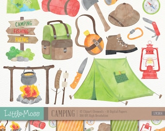 Camping Digital Clipart, Clipart Camping aquarelle, extérieur Clipart, Clipart feu de camp