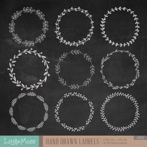 Hand Drawn Laurels Digital Clipart, Chalk Wreaths Clipart, Chalk Laurels Clipart