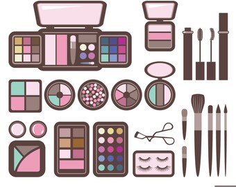 Puede incluir: Un conjunto de 24 elementos de clipart de maquillaje en un esquema de color rosa y marrón. El conjunto incluye paletas de sombras de ojos, rubor, lápiz labial, máscara de pestañas, delineador de ojos, pinceles, pinzas y pestañas. El clipart está en formato PNG a 300 DPI de alta resolución.