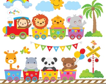 May include: A colorful train with animal passengers. The train is made up of six cars, each with a different animal: a monkey, a lion, a tiger, an elephant, a giraffe, a hippopotamus, a panda, and a bear. The train is on a track with a rainbow, a sun, and a palm tree in the background. The text "chochoo" is above the train. The text "RAIL CROSSING WAY" is on a sign next to the train. The text "Little Moss ANIMALS TRAIN" is at the bottom of the image.