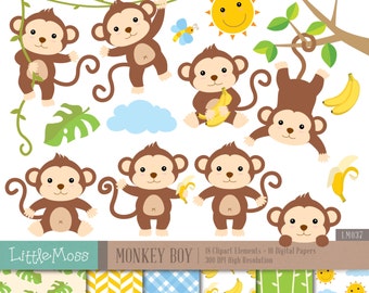 Monkey Boy Digital Clipart and Papers, Monkey Clipart