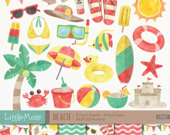 Watercolor Beach Clipart & Papers: Summer Vacation Graphics (Digital Download)