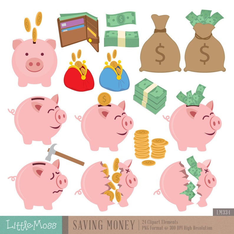 May include: A set of 24 clipart images depicting various ways to save money, including piggy banks, money bags, coins, and stacks of cash. The images are in a cartoon style and feature bright colours.