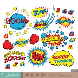 Superhero tekst cyfrowy clipart, komiczny tekst clipart, superbohaterów pop art tekst i pęcherzyki clipart