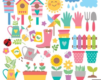 Spring Garden Clipart, Pot de plantes Clipart, coccinelle, tournesol, clôture, botte, maison d’oiseau, fleur Clipart