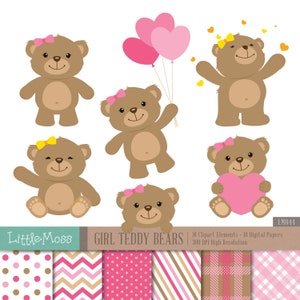Girl Teddy Bears Digital Clipart and Papers