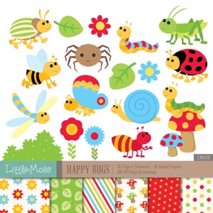 Happy Bugs Digital Clipart and Papers, Bug Clipart