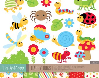 May include: A set of 35 colorful clipart images featuring various bugs, flowers, and mushrooms. The clipart includes a bee, ladybug, butterfly, dragonfly, snail, caterpillar, spider, grasshopper, and more. The set also includes 10 digital papers with repeating patterns of bugs, flowers, and mushrooms.