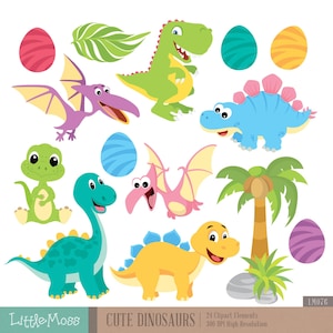 Könnte beinhalten: Ein Set mit 21 bunten Cartoon-Dinosaurier-Clipart-Bildern, darunter ein grüner Dinosaurier, ein lila Dinosaurier, ein blauer Dinosaurier, ein gelber Dinosaurier, ein rosa Dinosaurier, eine Palme und grüne Blätter. Die Dinosaurier lächeln alle und haben große Augen. Der Clipart ist perfekt zum Erstellen von Einladungen, Karten und anderen Bastelarbeiten.