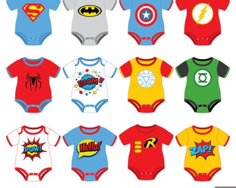 Superheroes Baby Tees Clipart, Superhero Baby Bodysuit Clipart