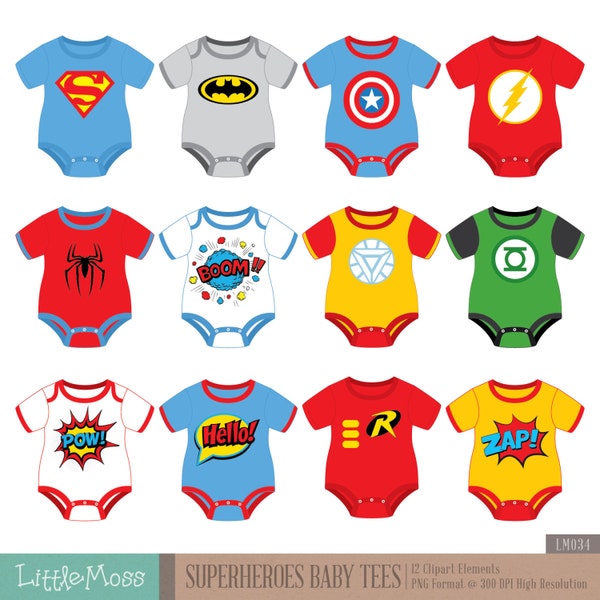 Superheroes Baby Tees Clipart, Superhero Baby Bodysuit Clipart