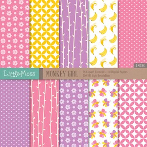 May include: A set of 10 digital papers featuring various patterns, including pink polka dots, yellow geometric shapes, purple flowers, and pink and white stripes. The papers are 300 DPI high resolution and include 28 clipart elements. The text "Little Moss MONKEY GIRL" is at the top of the image.