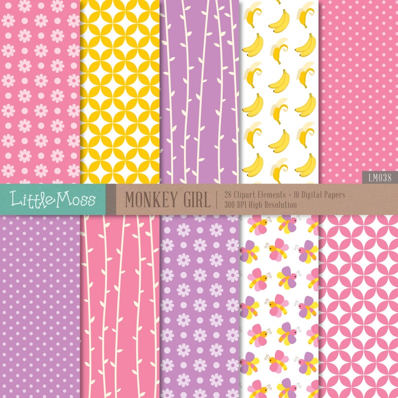 May include: A set of 10 digital papers featuring various patterns, including pink polka dots, yellow geometric shapes, purple flowers, and pink and white stripes. The papers are 300 DPI high resolution and include 28 clipart elements. The text "Little Moss MONKEY GIRL" is at the top of the image.