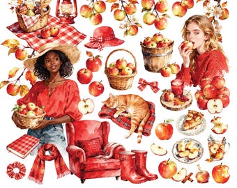 Falling Apples Clipart, Watercolor Autumn Clipart, Apple Graphics, Individual PNG, Cottagecore