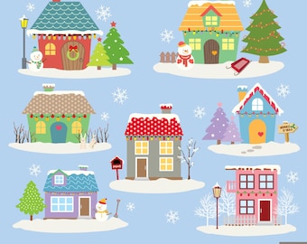 May include: A set of 54 winter house clipart images in PNG format. The houses are decorated with snow, lights, and wreaths. There are also snowmen, trees, and other wintery elements.