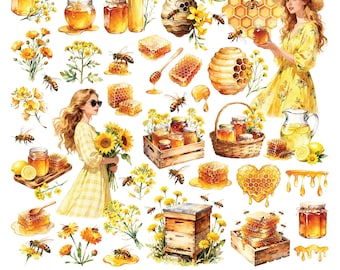 Watercolor Honey Bee Clipart, Honey Lover Clipart Bundle, Bumble Bee Clipart, Beehive, Honey Jar, Honey Drips, Honey Flowers, Individual PNG