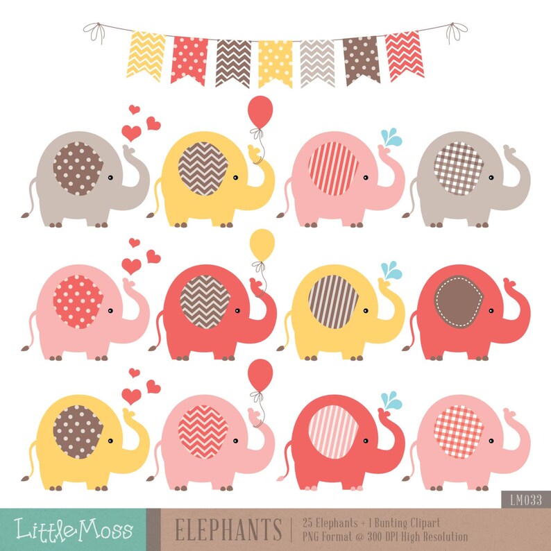 K&ouml;nnte beinhalten: Ein Set mit 25 digitalen Clipart-Bildern mit niedlichen Cartoon-Elefanten in verschiedenen Farben und Mustern, darunter rosa, rot, gelb und grau. Die Elefanten halten Ballons, Herzen und Wassertropfen. Das Clipart ist perfekt zum Erstellen von Einladungen, Karten und anderen Bastelprojekten.