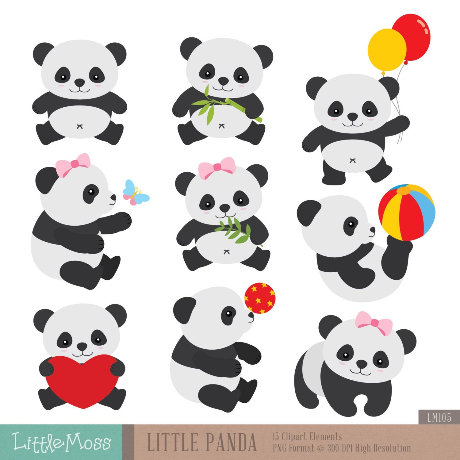 Cute Pandas Clip Art, Panda Clip Art, Panda Clipart, Cute Panda Clipart,  Kawaii Panda, Kawaii Clipart - pnd01