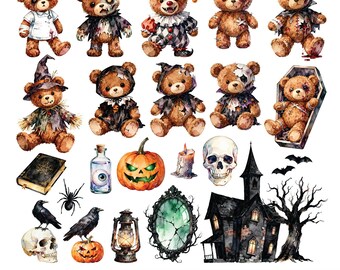 Scary Teddy Bear Clipart, Halloween Teddy Bear, Individual PNG, Scrapbooking, Instant Download, Printable Graphics Set