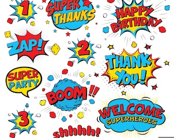 Superhero Text Digital Clipart, Comic Text Clipart, Superheroes Pop Art Text and Bubbles Clipart