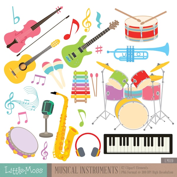 Instrumentos musicales Digital Clipart, Clipart de guitarra, Clipart de violín, batería clipart