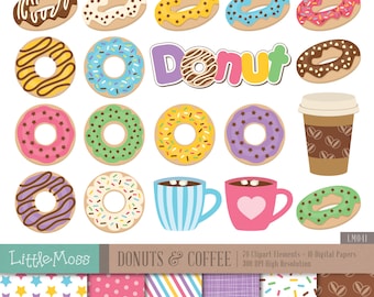 Donuts und Kaffee Clipart: Digitale Papiere (Digitaler Download)