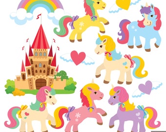 May include: A set of 30 digital clipart images featuring colorful unicorns, a castle, hearts, and a rainbow. The unicorns are in various poses and have different colored manes and tails. The castle is a red and brown brick structure with a pointed roof. The hearts are pink and yellow. The rainbow is multi-colored and has a white cloud behind it. The clipart images are in PNG format and are 300 DPI.