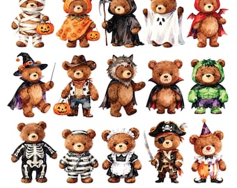 Halloween Teddy Bear Clipart, Halloween Costumes Clipart, Individual PNG, Scrapbooking, Instant Download, Printable Graphics Set